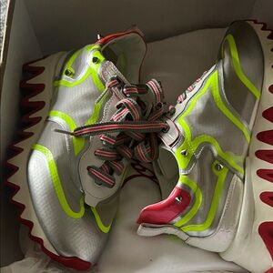 Christian Louboutin Silver Neon Yellow Accent Sneakers with Red Trim